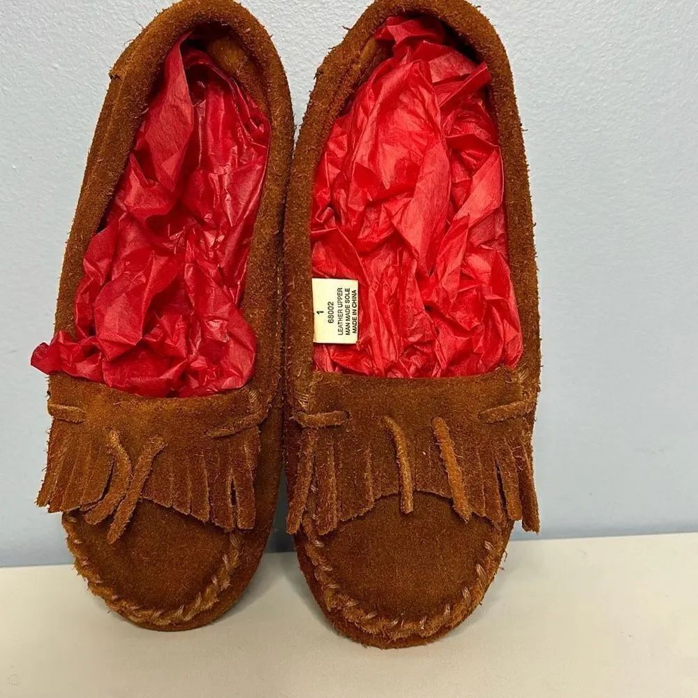 Minnetonka Brown Leather Moccasins Kids Sz 1